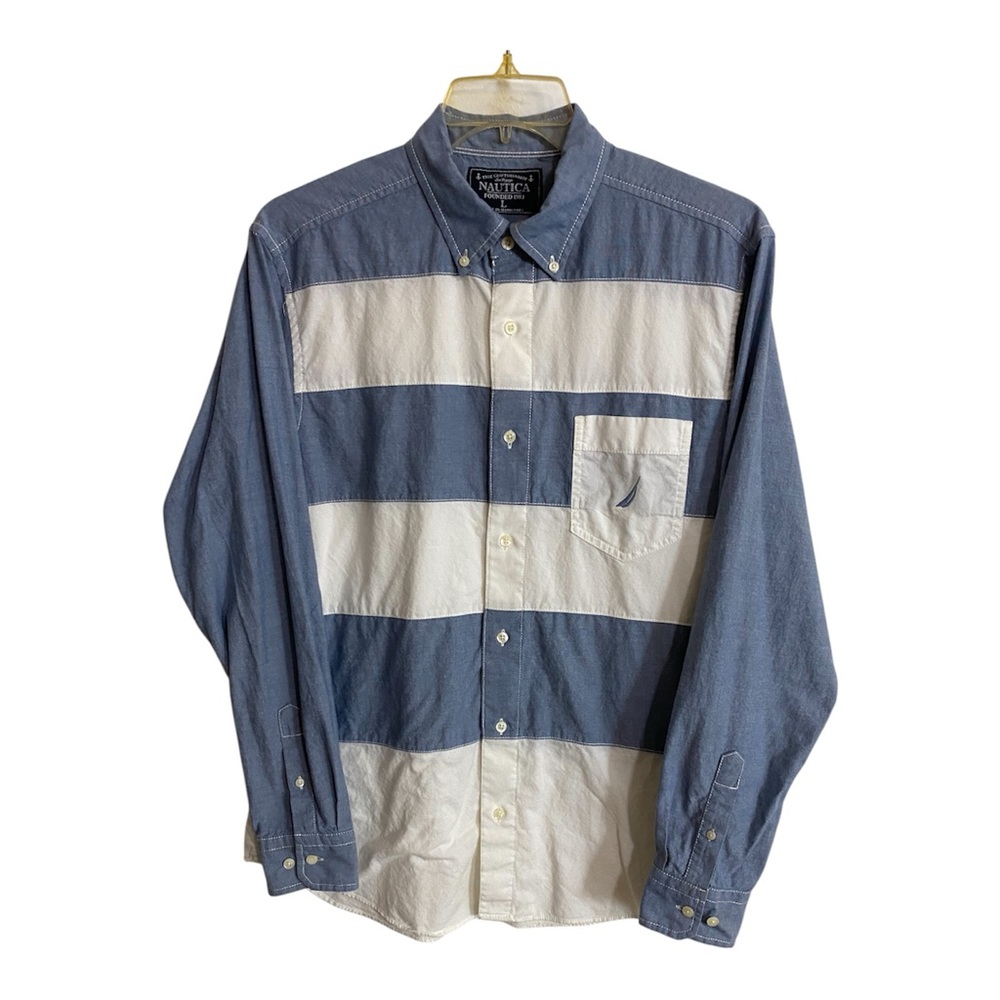 Nautica Blue and White Striped Casual Shirt